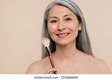 Smiling Mature Middleaged Shirtless Naked Woman Stock Photo