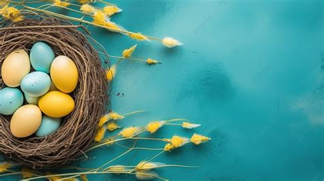 Aerial Perspective Of Vivid Yellow Easter Eggs Nestled In A Willow Basket Accompanied By Yellow