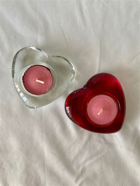 Pair Of Heart Shaped Candle Votives Red And Clear Glass With Pink