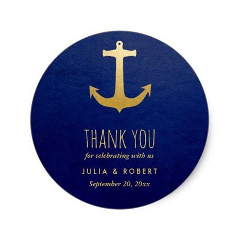 Navy Blue Faux Gold Foil Anchor Wedding Thank You Classic Round Sticker