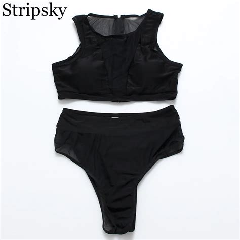 Stripsky Tankini High Neck Mesh Bikini Women Push Up Swimwear Solid