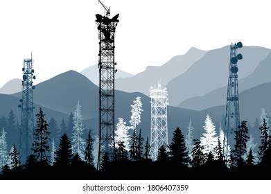 Illustration Antenna Tower Silhouettes Green Forest Stock Vector