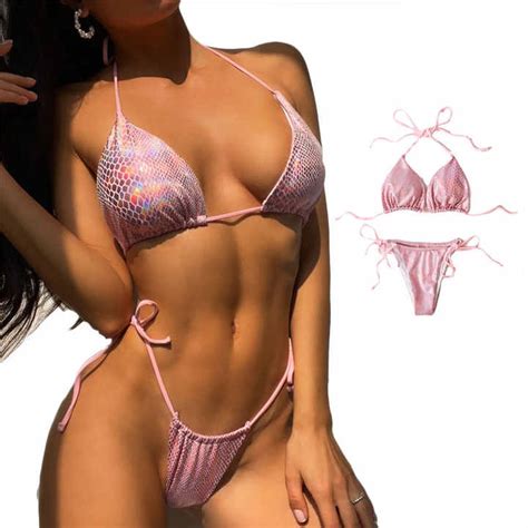 Custom Active Two Piece Snake Print Metallic Thong Bikini Set Sexy 2 Piece Swimsuits For Women