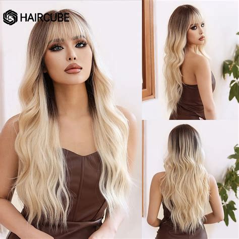 Haircube Long Wavy Blonde Synthetic Wig With Dark Roots Natural Hair With Bangs For Women Heat