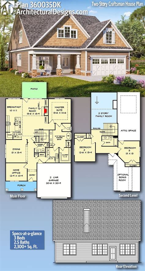 Plan 360035dk Two Story Craftsman House Plan With Office And Main