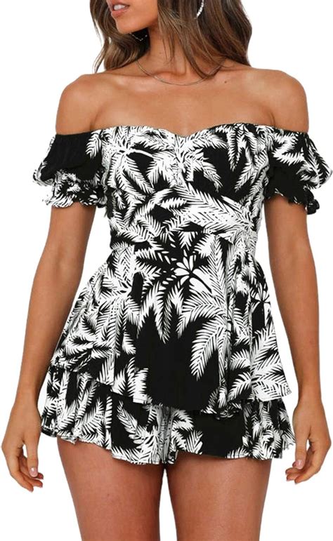 Fixmatti Women Boho Romper Off Shoulder Ruffle Chiffon