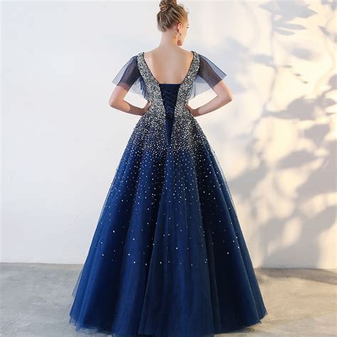 Sparkly Royal Blue Prom Dresses 2018 Tulle V Neck Sequins Glitter