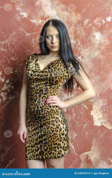 Slim Brunette Girl With Long Hair In Leopard Print Dress Stock Photo Image Of Females Adult