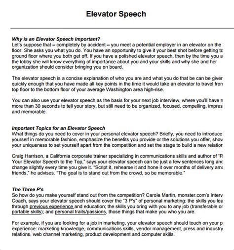 Sample Elevator Speech Examples - 7+ Documents in PDF