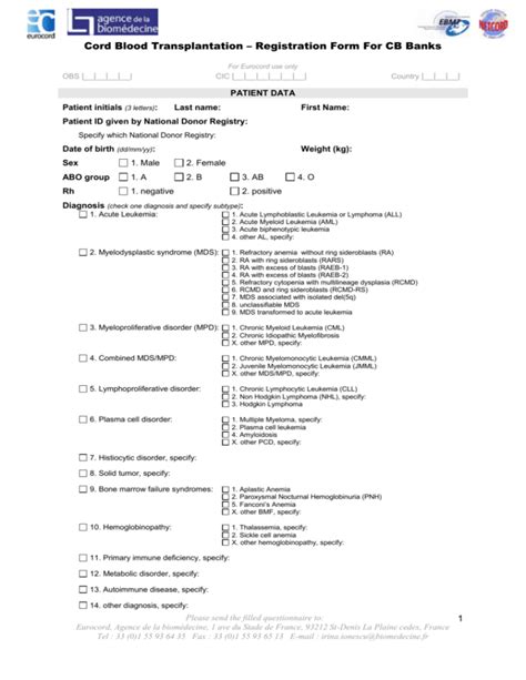 Cord Blood Transplantation Registration Form For Cb Banks