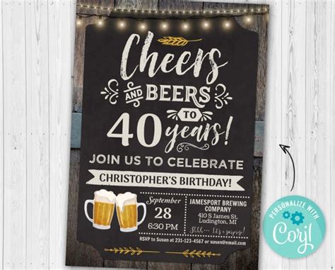 40th Cheers And Beers Birthday Party Invitation Forty Etsy