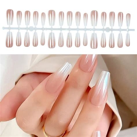 Long Coffin False Nails Pink And White Press On Nails Full Cover French Tip Ebay