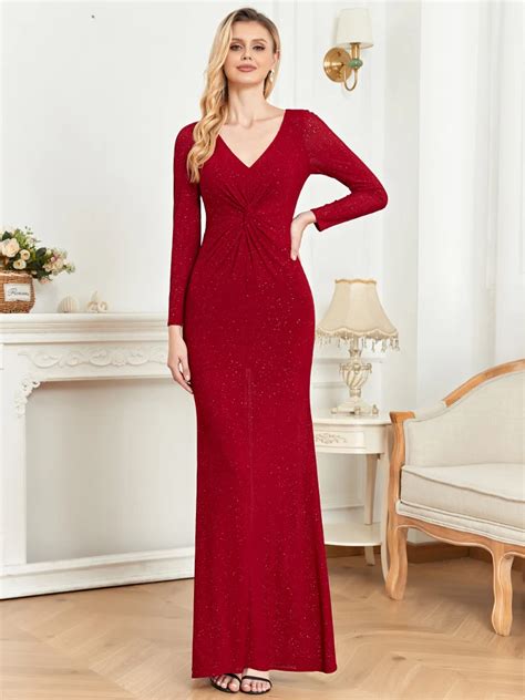 Lucyinlove Women Long Sleeves Red Shining Evening Dress V Neck Celebrity Wedding Party Maxi Prom