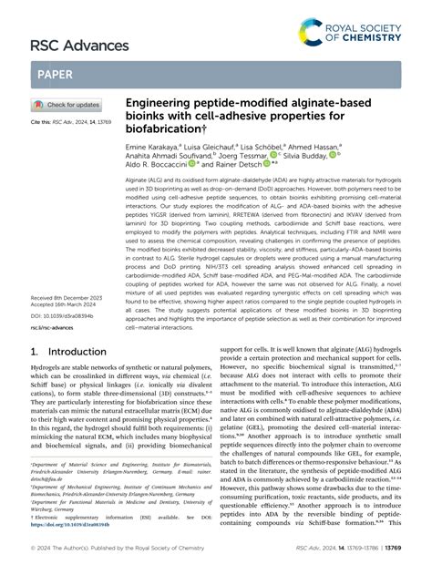 Pdf Engineering Peptide Modified Alginate Based Bioinks With Cell