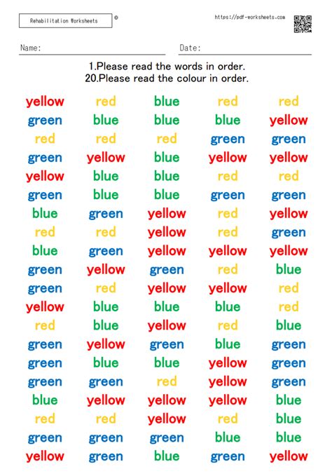 Stroop Task 20×5 20 Sheets Visual Perception Activities Cognitive