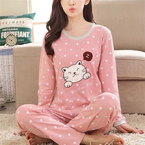 Womens Pajama Set Soft Long Sleeve Sleepwear With Cute Sleepy Cat