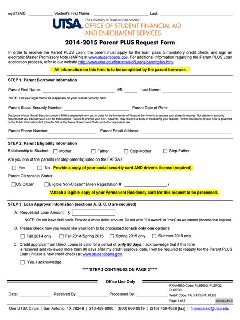 Fillable Online Utsa Parent Plus Request Form The