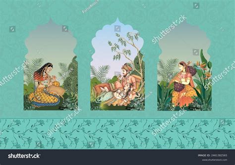 Traditional Mughal Queen King Sitting Garden Stock Illustration