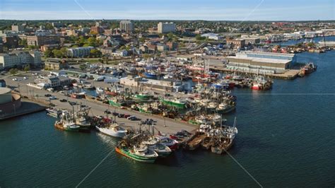 Fishing Boats Docked At Piers In New Bedford Massachusetts Aerial