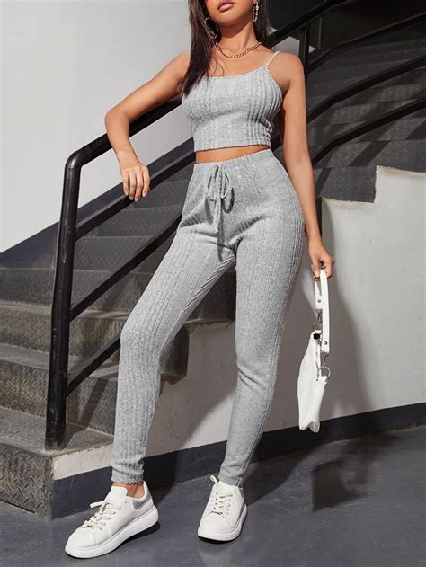 Shein Essnce Solid Cami Crop Top And Pants Set Shein Usa