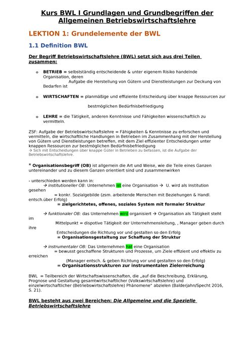 ZSF BWL 1 Summary Grundlagen Der Betriebswirtschaftslehre Kurs BWL