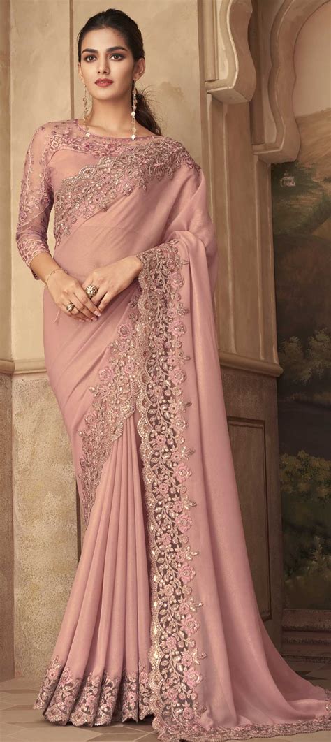 Reception Wedding Pink And Majenta Color Georgette Fabric Saree 1817438