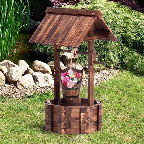 Outdoor Garden Wishing Well Planter Flower Bucket Patio Lawn Wooden ...