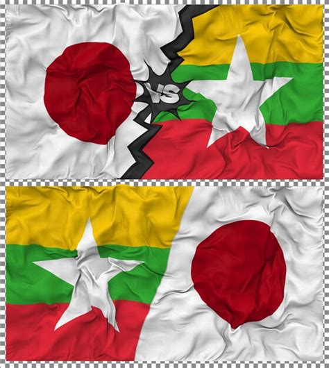 Premium Psd Myanmar Burma Vs Japan Half Combined Flag Cloth Bump