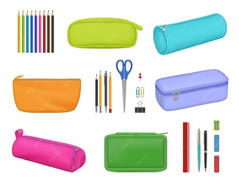 Premium Vector | Stationery cases school pens brushes in colored pencil