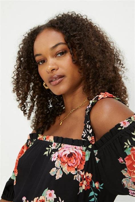 Tops Tall Black Floral Ruched Strap Bardot Top Dorothy Perkins