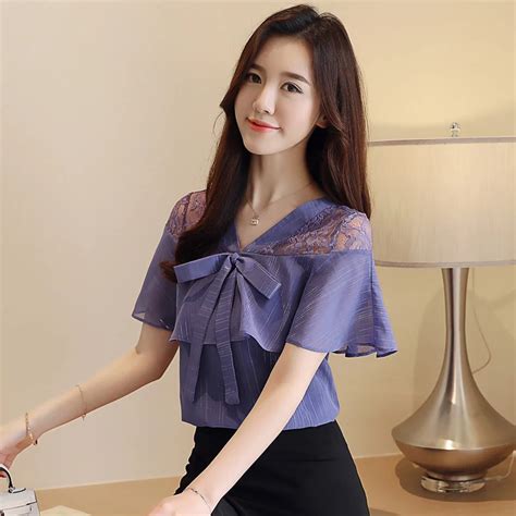 V Neck Butterfly Sleeve Summer Womens Clothing Blouses Loose Bow