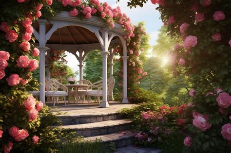 Romantic garden scene with a gazebo surrounded by 00539 01 | Premium AI ...