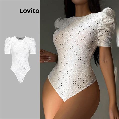 Lovito Casual Plain Eyelet Embroidery Bodysuit For Women L Ed