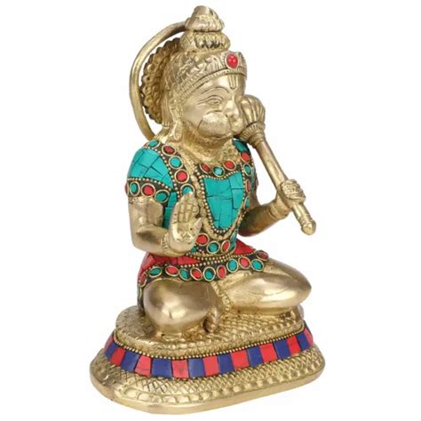 Brass Hanuman Ji Murti In Blessing Posture With Gada Sitting Idol