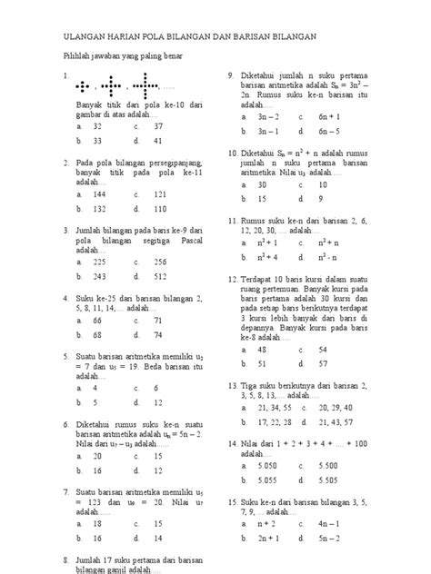 Latihan Soal Ulangan Harian Matematika Kls 8 Bab Pola Bilangan Materi Soal