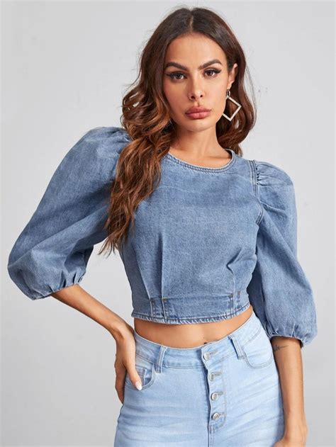 Gather Sleeve Zip Back Fold Pleat Crop Denim Top Denim Top Denim Top