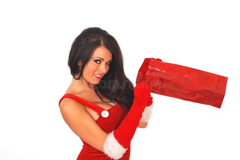 Sexy Santa Met Zak Stock Foto Image Of Brunette Kousen