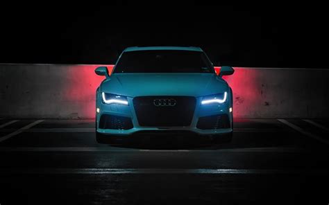 Download wallpapers Audi RS7 Sportback, 2016 cars, parking, night, blue ...