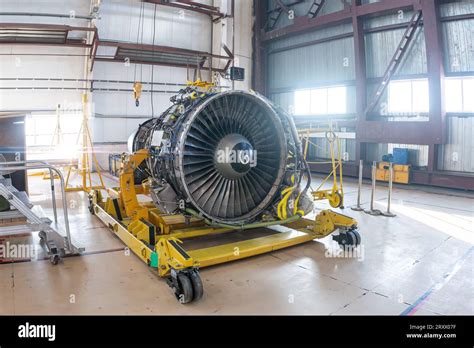 High Bypass Turbofan Airplane Engine In Aviation Hangar Stock Photo Alamy