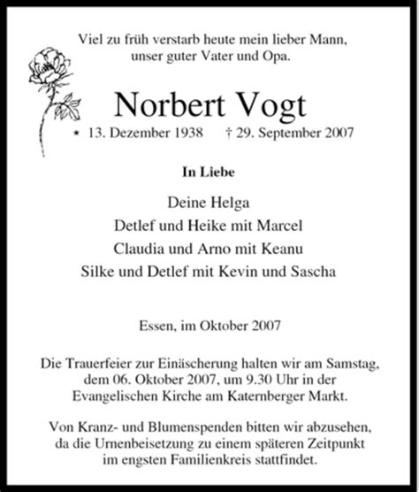 Traueranzeigen Von Norbert Vogt Trauer In NRW De