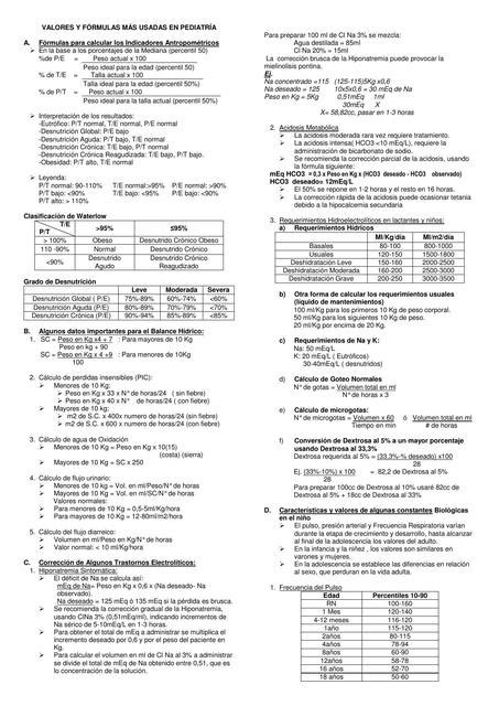 Valores y Formulas Mas Usadas en Pediatría Malena Ramos uDocz