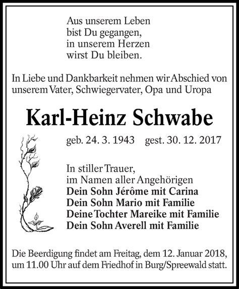 Traueranzeigen Von Karl Heinz Schwabe Lr Online Trauer De