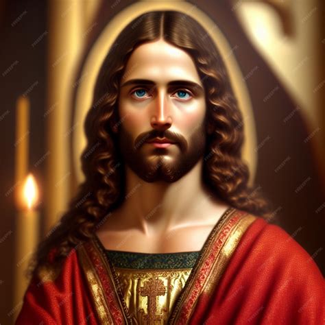 Premium Photo | A painting of jesus with blue eyes and a red robe.