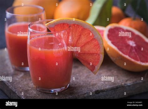 Healthy Organic Blood Orange Juice With Blood Grapefruit And Oranges On