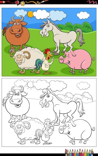 Page De Livre De Coloriage De Groupe D animaux De Ferme De Bétail Drôle