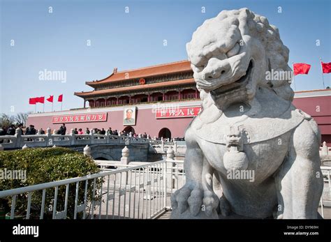 Lion Statue In Front Of Tiananmen Gate Of Heavenly Peace In Beijing