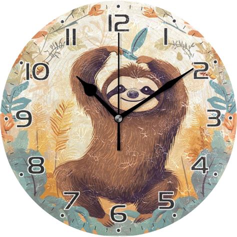 Hidove Cute Sloth Clock Silent Round Wall Clock Non Ticking Battery