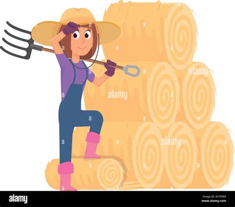 Female Farmer With Pitchfork Stacked Hay Cartoon Farm Work Icon Stock