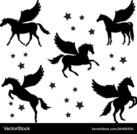 Flat Black Set Pegasus Silhouette Royalty Free Vector Image