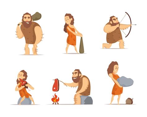 Primitive Cave People From Prehistoric Period Premium Vector